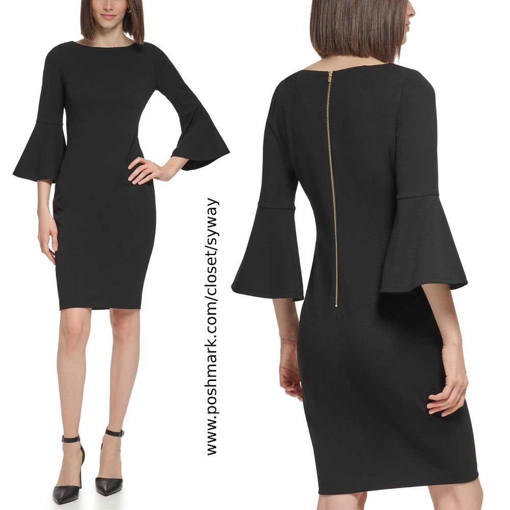 Calvin Klein Boat Neck Quarter Bell Sleeve Scuba Sheath Dress